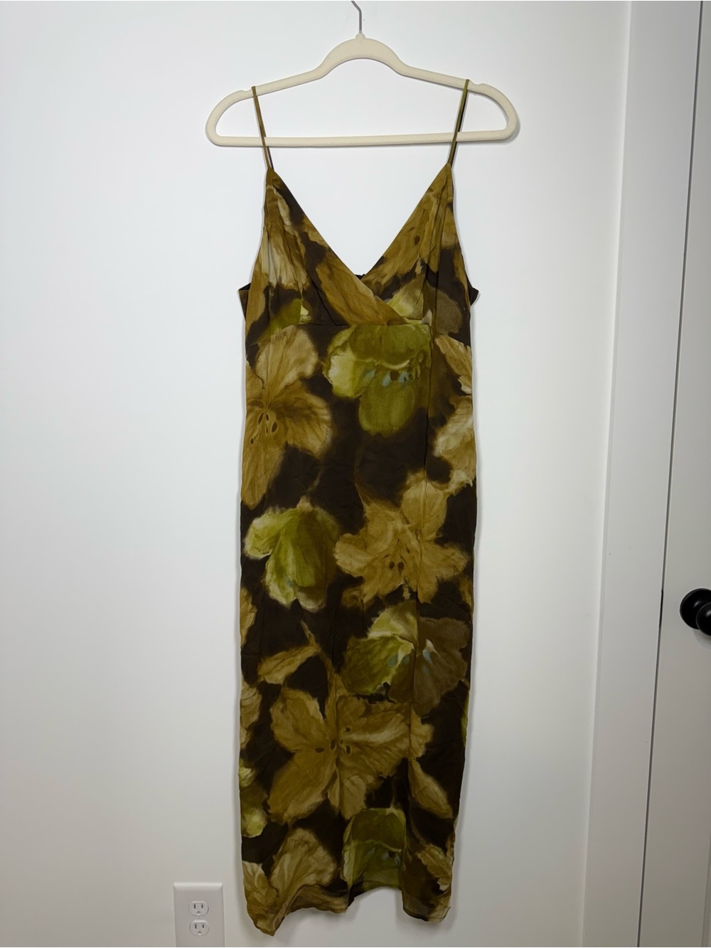 Vintage Amorosé Floral Slip Midi Dress | Size 12 | Olive Brown Satin Look